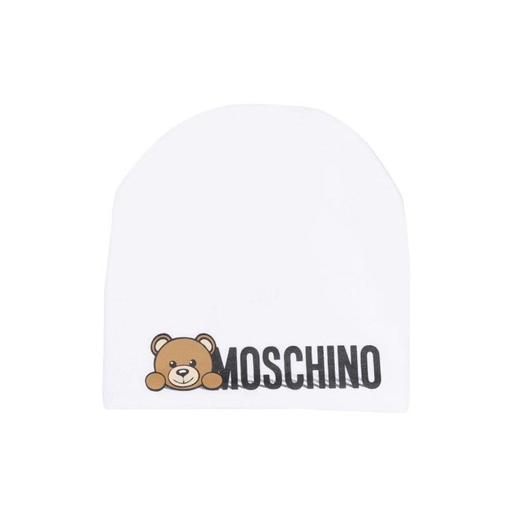 MOSCHINO CAPPELLO BIANCO CON LOGO LETTERING E TEDDY