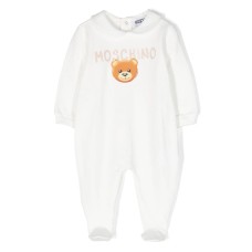 MOSCHINO SET TUTINA E CAPPELLINO UNISEX IN COTONE BIANCO CON LOGO  LETTERING E TEDDY BEAR