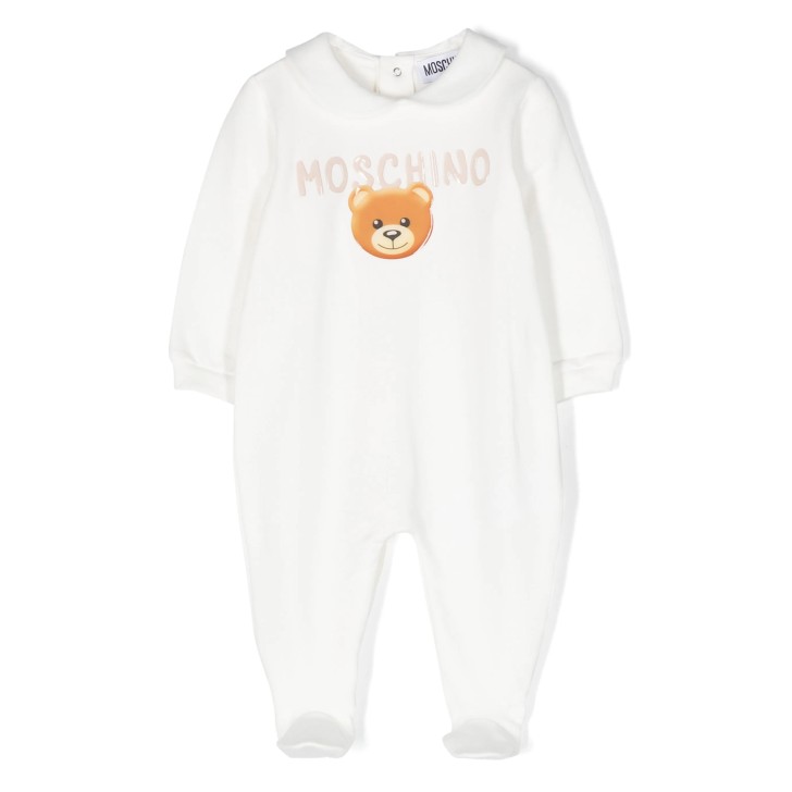 MOSCHINO SET TUTINA E CAPPELLINO UNISEX IN COTONE BIANCO CON LOGO  LETTERING E TEDDY BEAR