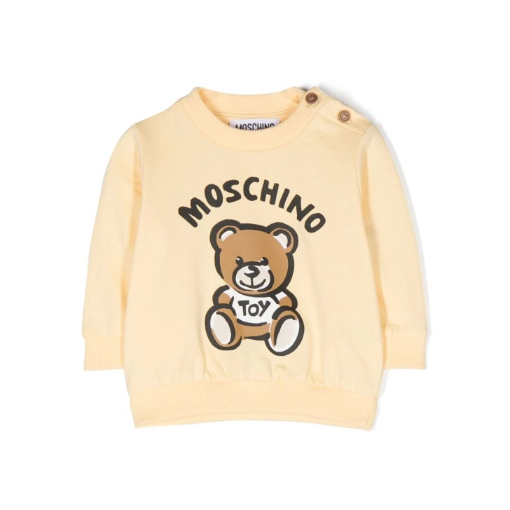 MOSCHINO COMPLETO FELPA E PANTALONE UNISEX IN COTONE CREAM CON LOGO LETTERING E STAMPA TEDDY BEAR