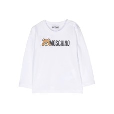 MOSCHINO T-SHIRT BIANCA UNISEX A MANICA LUNGA BIANCA CON LOGO LETTERING E TEDDY BEAR