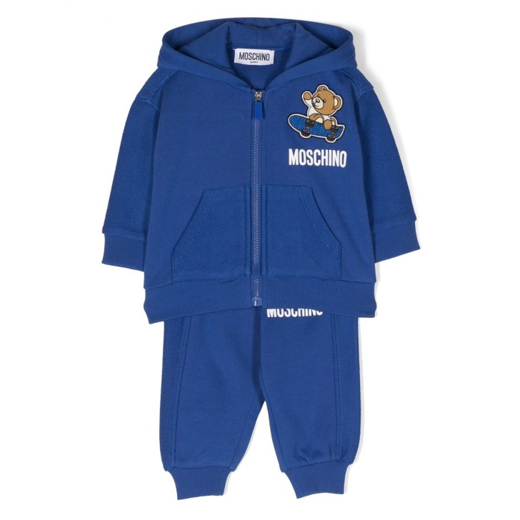 MOSCHINO COMPLETO FELPA CON ZIP E PANTALONE IN COTONE BLU CON LOGO LETTERING E TEDDY BEAR 