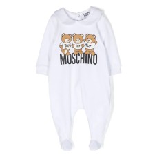 MOSCHINO BABYGROW BIANCA UNISEX IN JERSEY DI COTONE CON LOGO LETTERING MOSCHINO E STAMPA TEDDY BEAR 