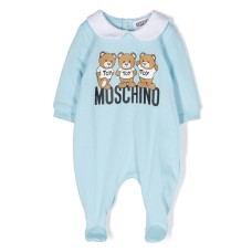 MOSCHINO BABYGROW AZZURRA IN JERSEY DI COTONE CON LOGO LETTERING MOSCHINO E STAMPA TEDDY BEAR 