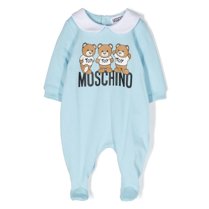 MOSCHINO BABYGROW AZZURRA IN JERSEY DI COTONE CON LOGO LETTERING MOSCHINO E STAMPA TEDDY BEAR 