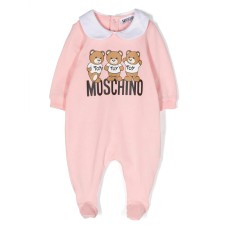 MOSCHINO BABYGROW ROSA IN JERSEY DI COTONE CON LOGO LETTERING MOSCHINO E STAMPA TEDDY BEAR 