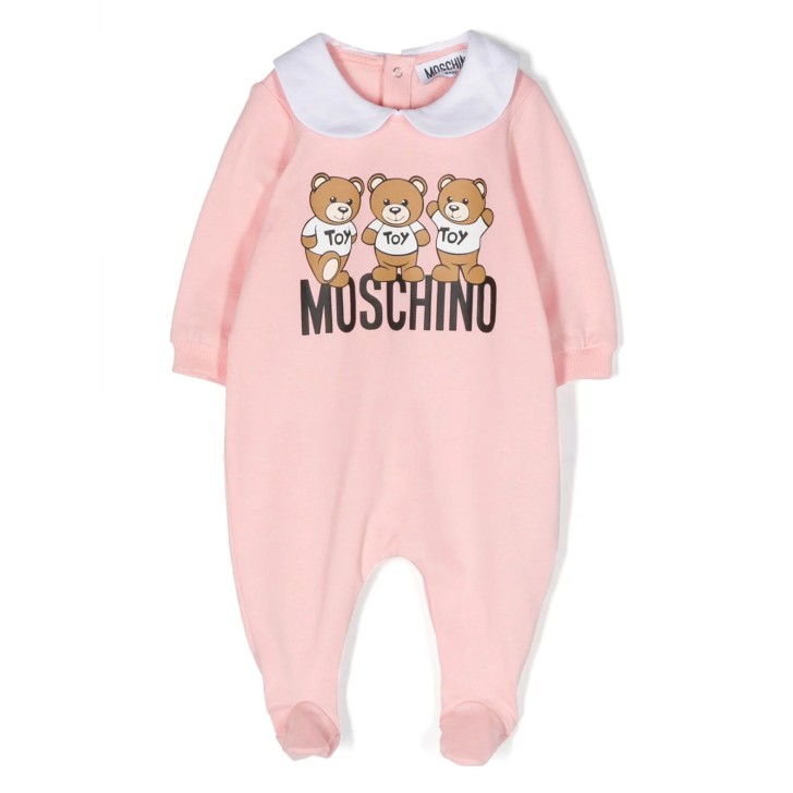 MOSCHINO BABYGROW ROSA IN JERSEY DI COTONE CON LOGO LETTERING MOSCHINO E STAMPA TEDDY BEAR 