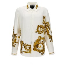 VERSACE JEANS COUTURE CAMICIA A MANICA LUNGA WHITE/GOLD CON STAMPA BAROCCO E LOGO LETTERING