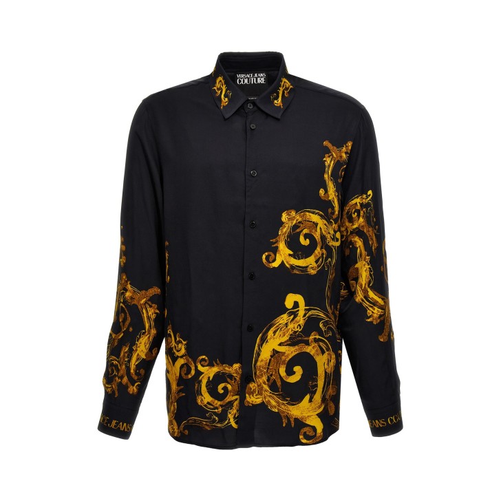 VERSACE JEANS COUTURE CAMICIA BLACK/GOLD CON STAMPA BAROCCO E LOGO LETTERING