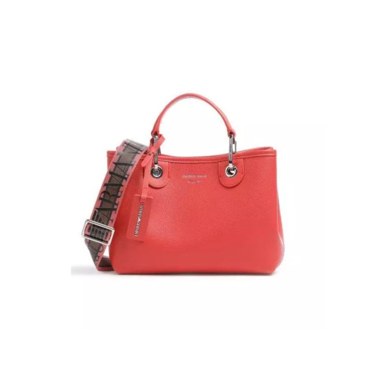 Emporio Armani Borsa a mano MyEA Bag Small Arancione stampa cervo con tracolla in nastro con logo lettering All Over regolabile, estraibile