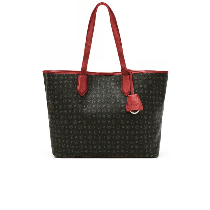 Pollini Borsa a spalla Nera con stampa Heritage e inserti rossi