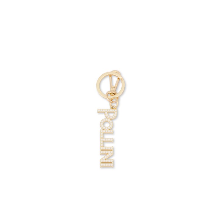 Pollini Portachiavi Charm in galvanica oro chiaro con logo Lettering in strass bianco con anello e moschettone. 