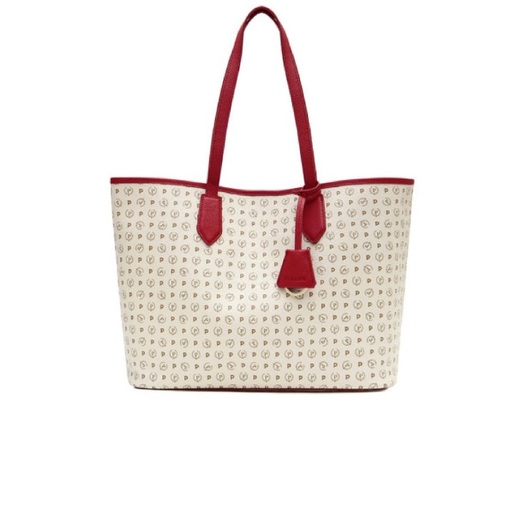 Pollini Borsa a spalla Avorio con stampa Heritage e inserti rossi