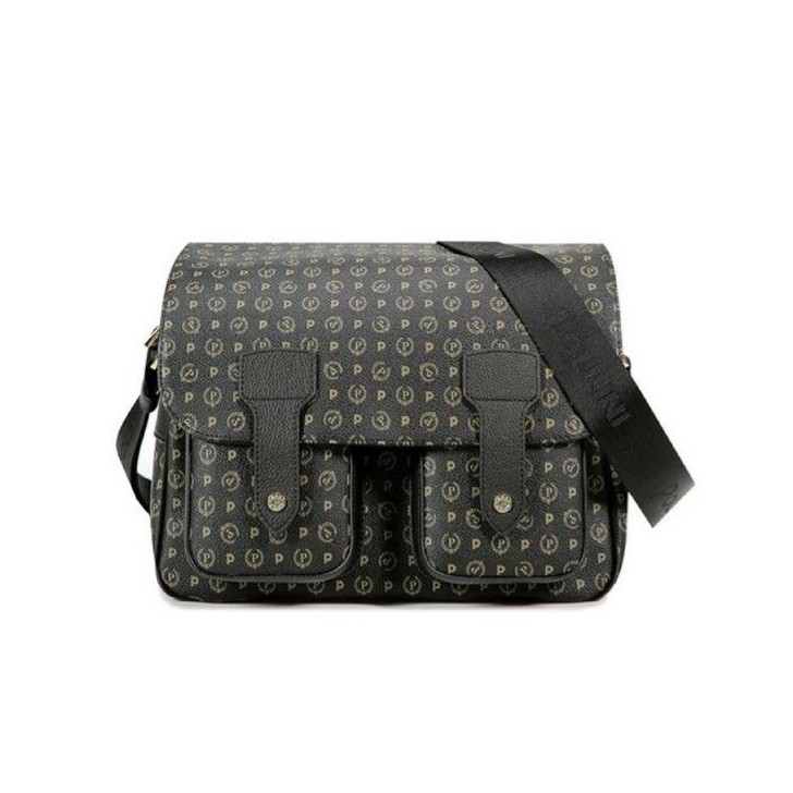 Pollini Borsa a spalla Messenger large Nera con Stampa Heritage e inserti Neri