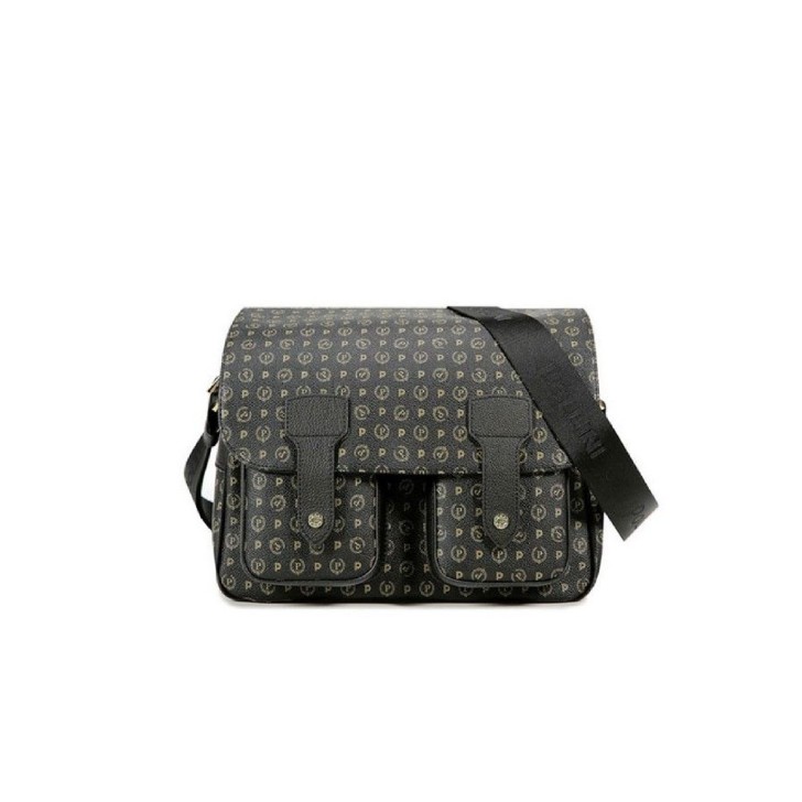 Pollini Borsa a spalla Messenger small Nera con Stampa Heritage e inserti Neri