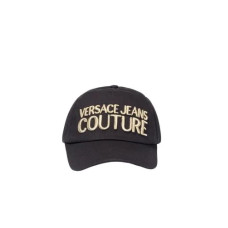 VERSACE JEANS COUTURE CAPPELLO BASEBALL UNISEX IN COTONE BLACK CON LOGO LETERING RICAMATO GOLD 