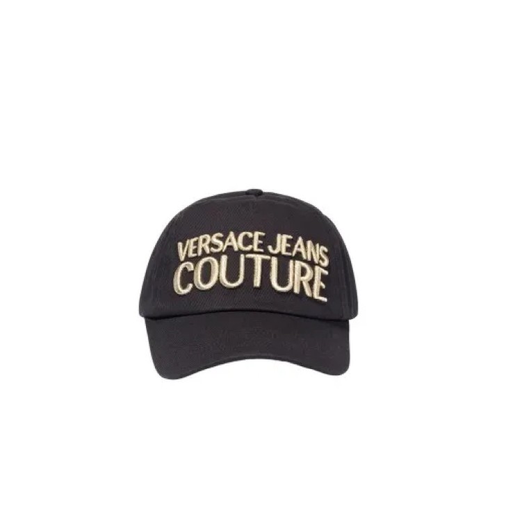 VERSACE JEANS COUTURE CAPPELLO BASEBALL UNISEX IN COTONE BLACK CON LOGO LETERING RICAMATO GOLD 