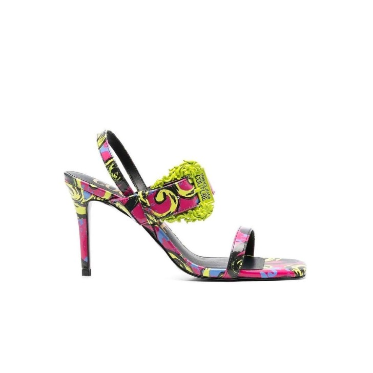 Versace Jeans Couture Sandali da Donna con tacco Multicolor con stampa Logo Couture all over