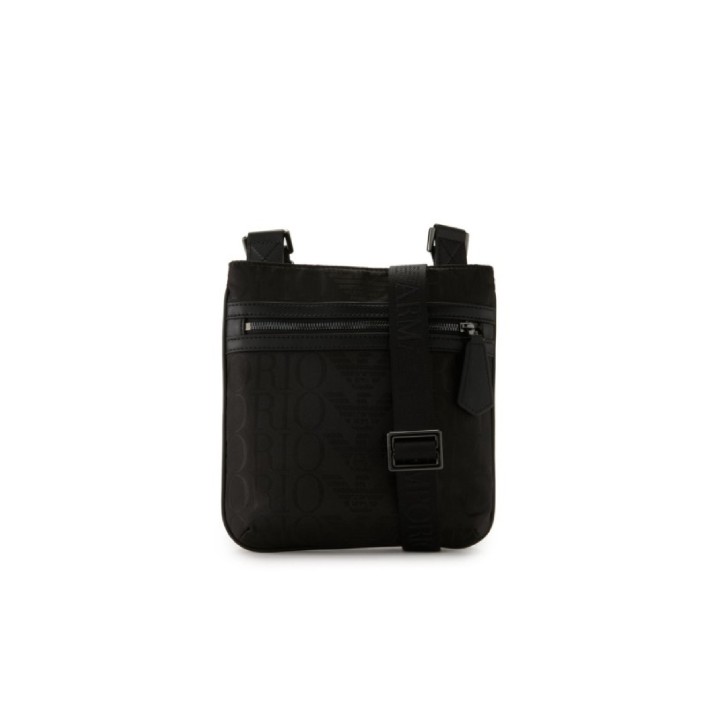 Emporio Armani Tracolla piatta Nera in tessuto jacquard logo All Over