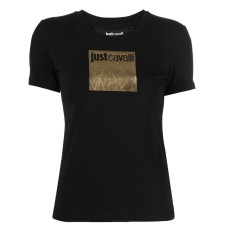 Just Cavalli T-shirt nera in jersey di cotone a manica corta con stampa oro e logo