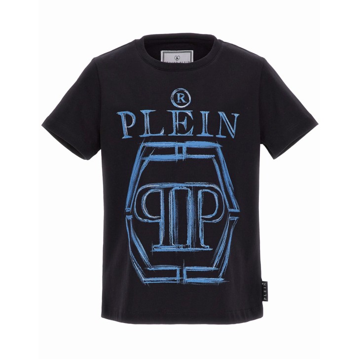 Philipp Plein T-shirt a manica corta nera in cotone con maxi logo stampato