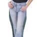 Simona Corsellini Jeans Denim Blu chiaro cinque tasche a zampa con frange multicolore ai lati