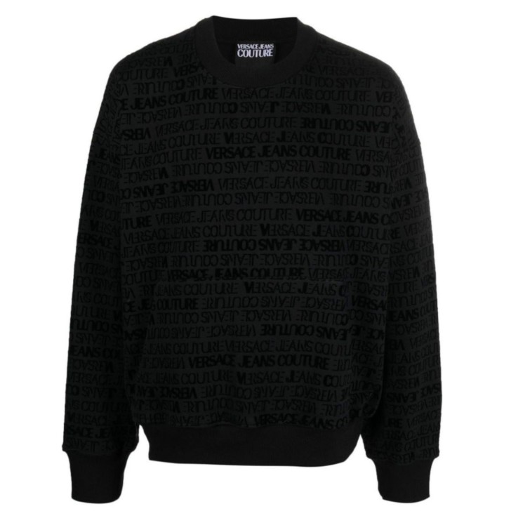 Versace Jeans Couture Felpa Nera a girocollo con logo Lettering All Over tono su tono
