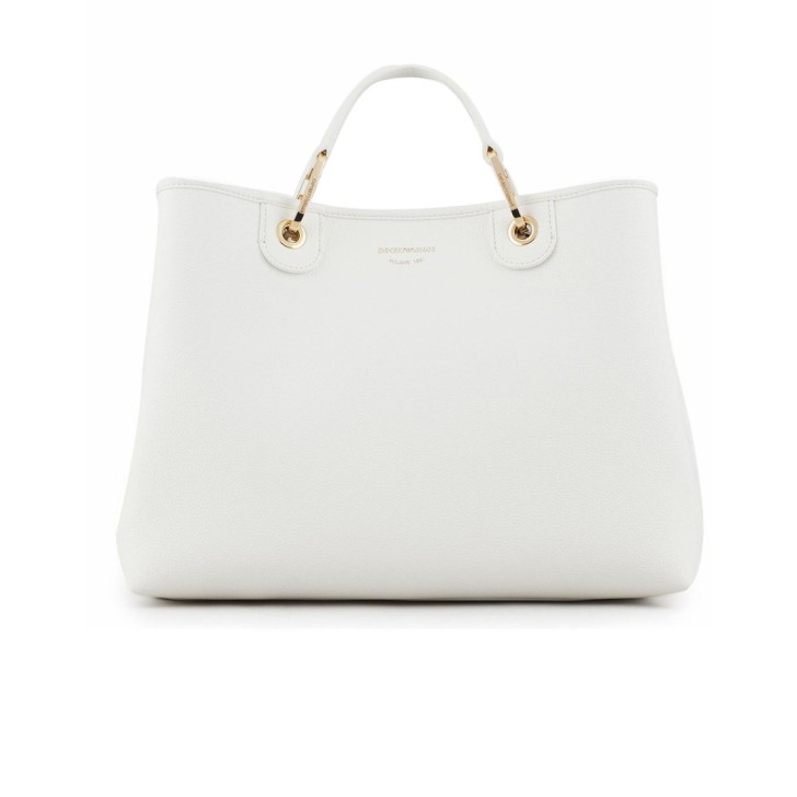 Emporio Armani Borsa a mano MyEA Bag Bianca stampa cervo con tracolla in nastro con logo lettering All Over regolabile, estraibile