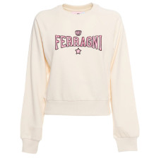 Chiara Ferragni Felpa in cotone panna con logo FERRAGNI rosa ricamato