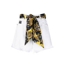 Versace Jeans Couture Short bianco a vita alta con fiocco in vita con stampa logo all over