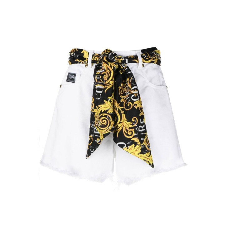 Versace Jeans Couture Short bianco a vita alta con fiocco in vita con stampa logo all over