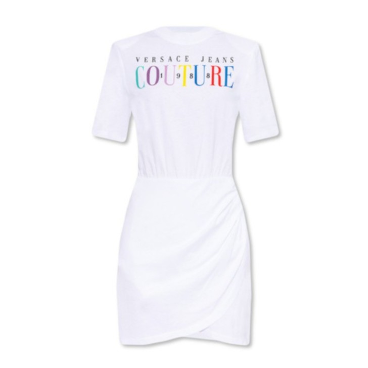 Versace Jeans Couture Abito Bianco da Donna con logo multicolore nella parte anteriore