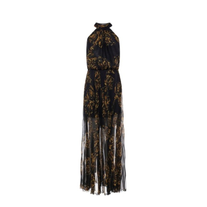 Versace Jeans Couture Abito Lungo Plissettato Nero con Stampa Barocco da Donna