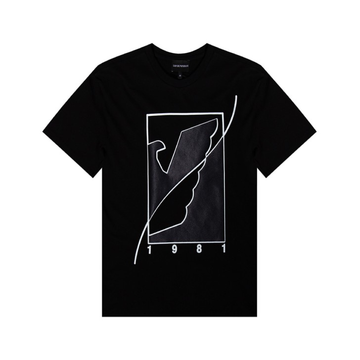 Emporio Armani T-shirt Nera con stampa aquila 1981 in satin da Donna